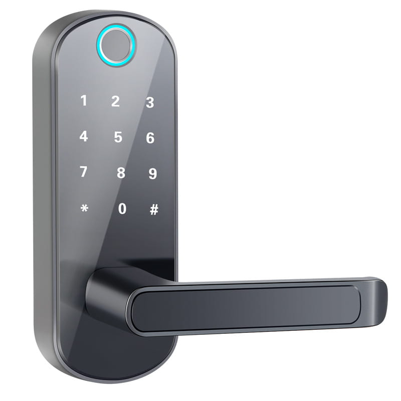 Modern matte black smart bluetooth fingerprint lock featuring a sleek digital keypad and glowing blue circular sensor for secure access control.