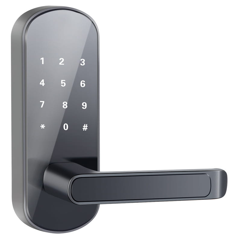 black digital keypad door lock with a sleek modern design and glossy finish featuring smart bluetooth fingerprint technology for enhanced security.