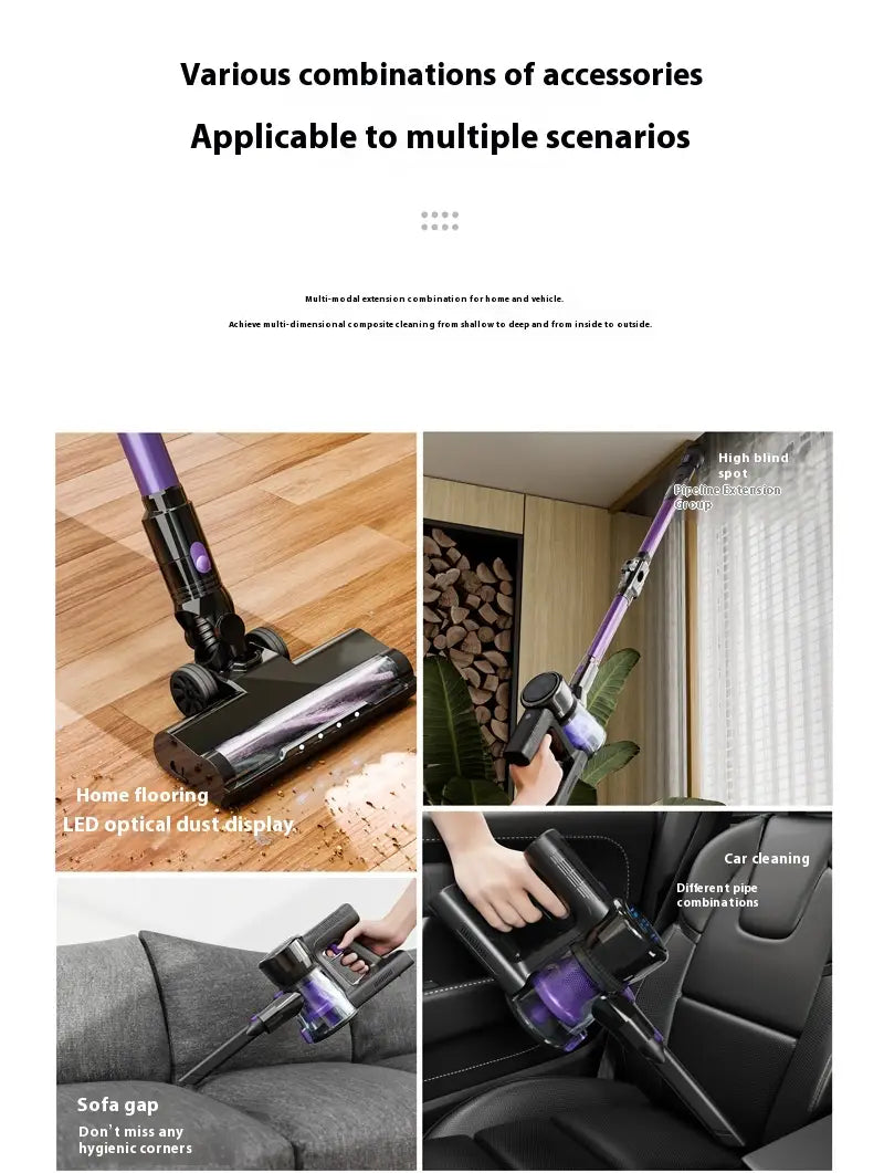 purple and black brushless large suction foldable handheld vacuum cleaner with led optical dust display designed for efficient cleaning