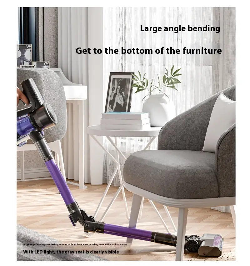 Purple and black brushless large suction foldable handheld vacuum cleaner with a flexible large-angle bending tube designed for reaching under furniture.
