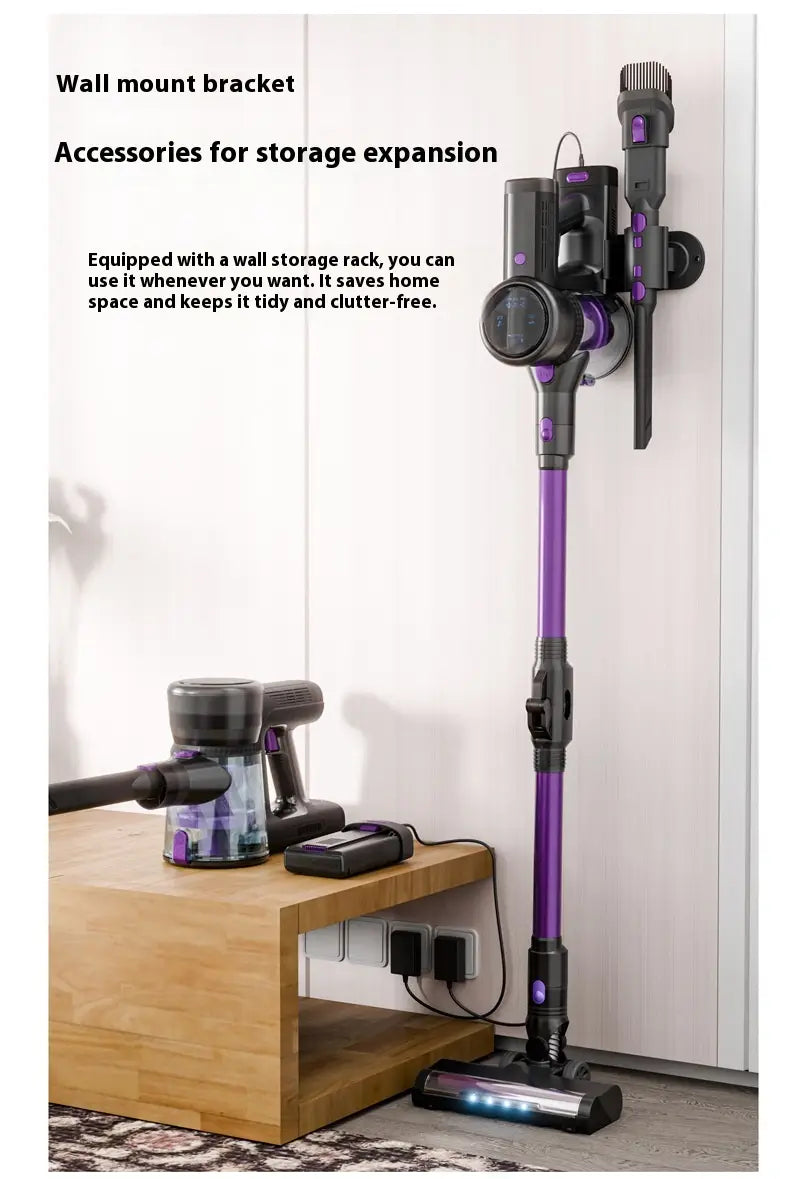 Purple and black brushless large suction foldable handheld vacuum cleaner mounted on a wall bracket showing its compact storage solution.