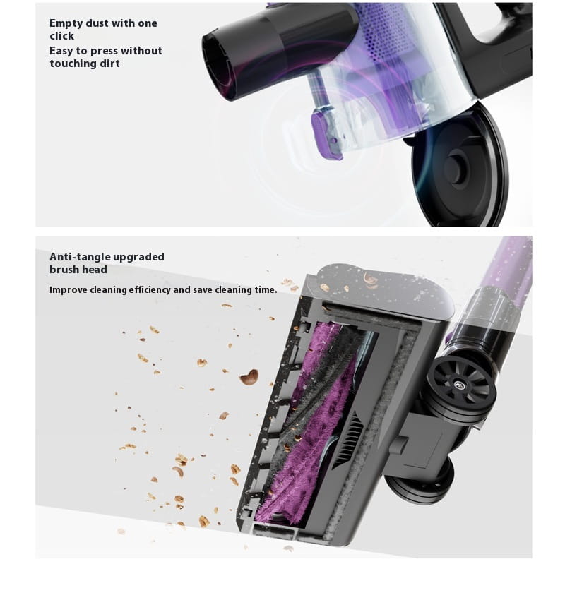 Purple and black brushless large suction foldable handheld vacuum cleaner with transparent dust container designed for efficient cleaning.