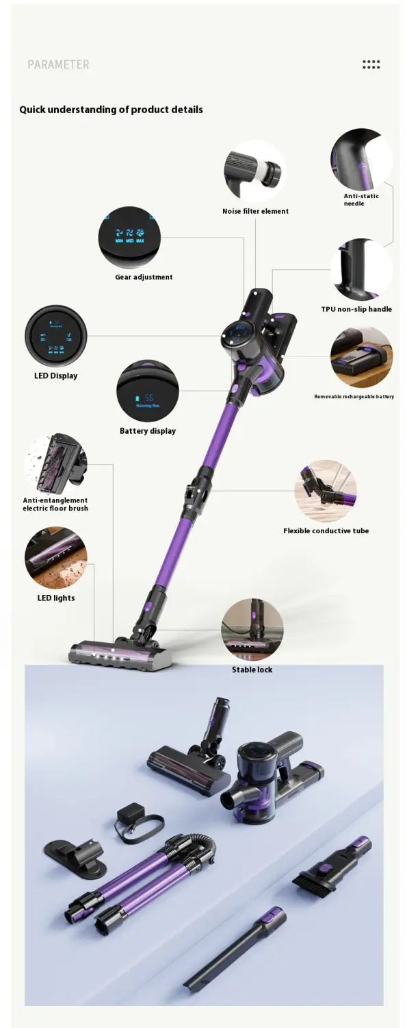 Purple brushless large suction foldable handheld vacuum cleaner with sleek modern design and multiple attachments for versatile cleaning.