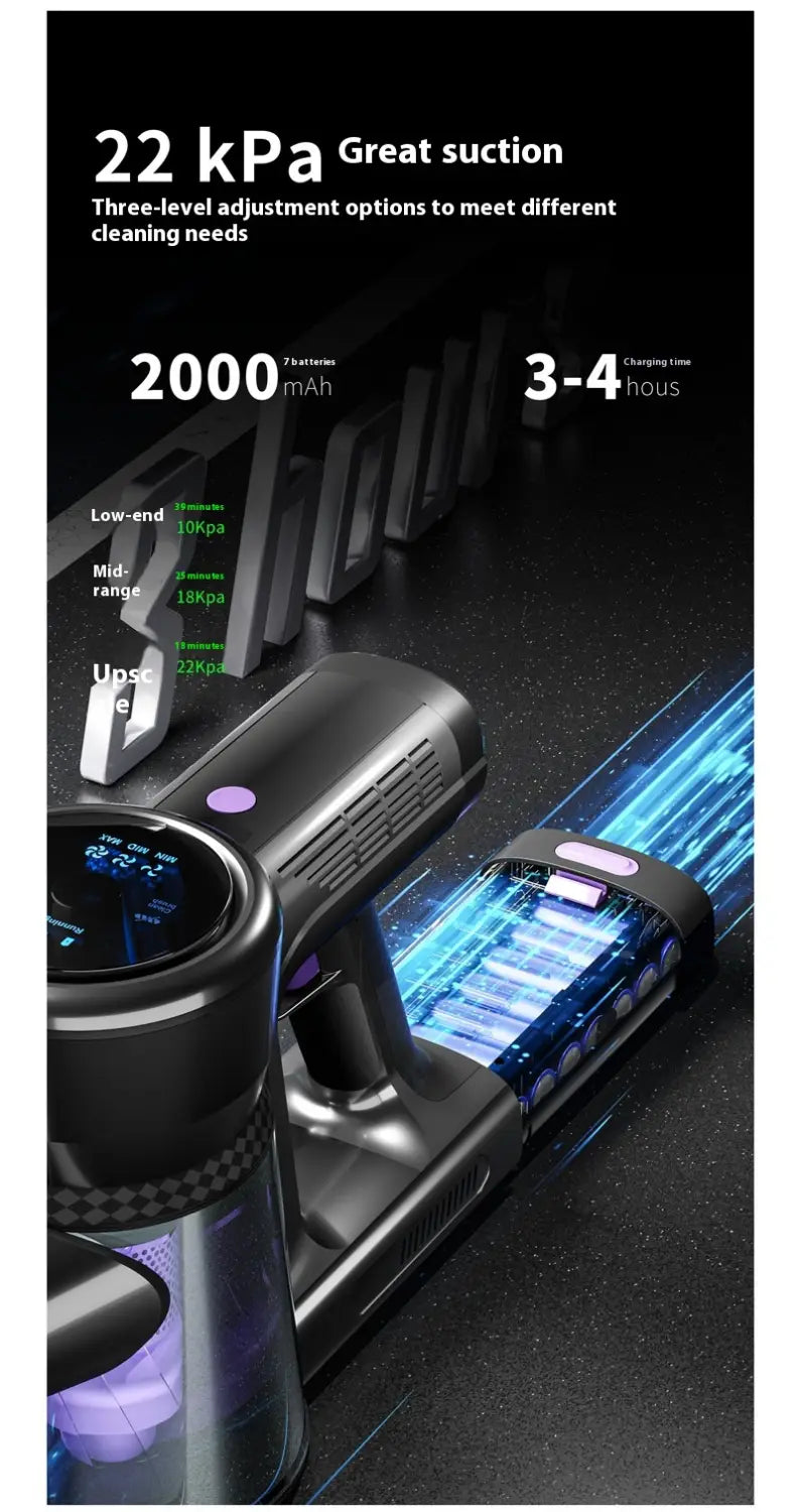 black and silver brushless large suction foldable handheld vacuum cleaner with a digital display, three-level suction settings, 2000mah battery, and blue glowing internal components