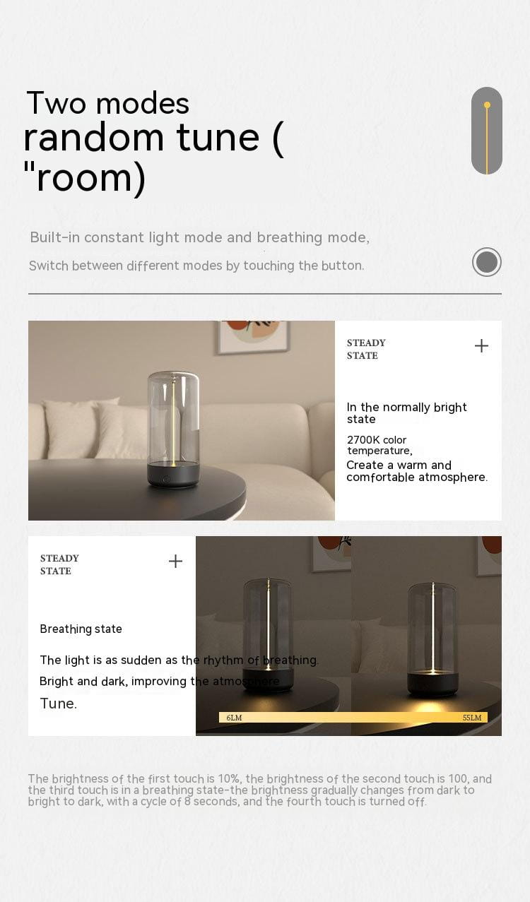 A sleek rechargeable portable night light led camping light featuring a cylindrical transparent glass body and black base.