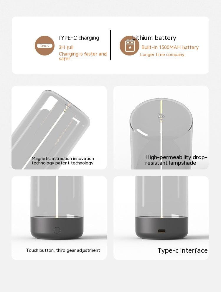 A sleek transparent cylindrical led camping light with a black base featuring magnetic attraction innovation technology designed as a rechargeable portable night light.