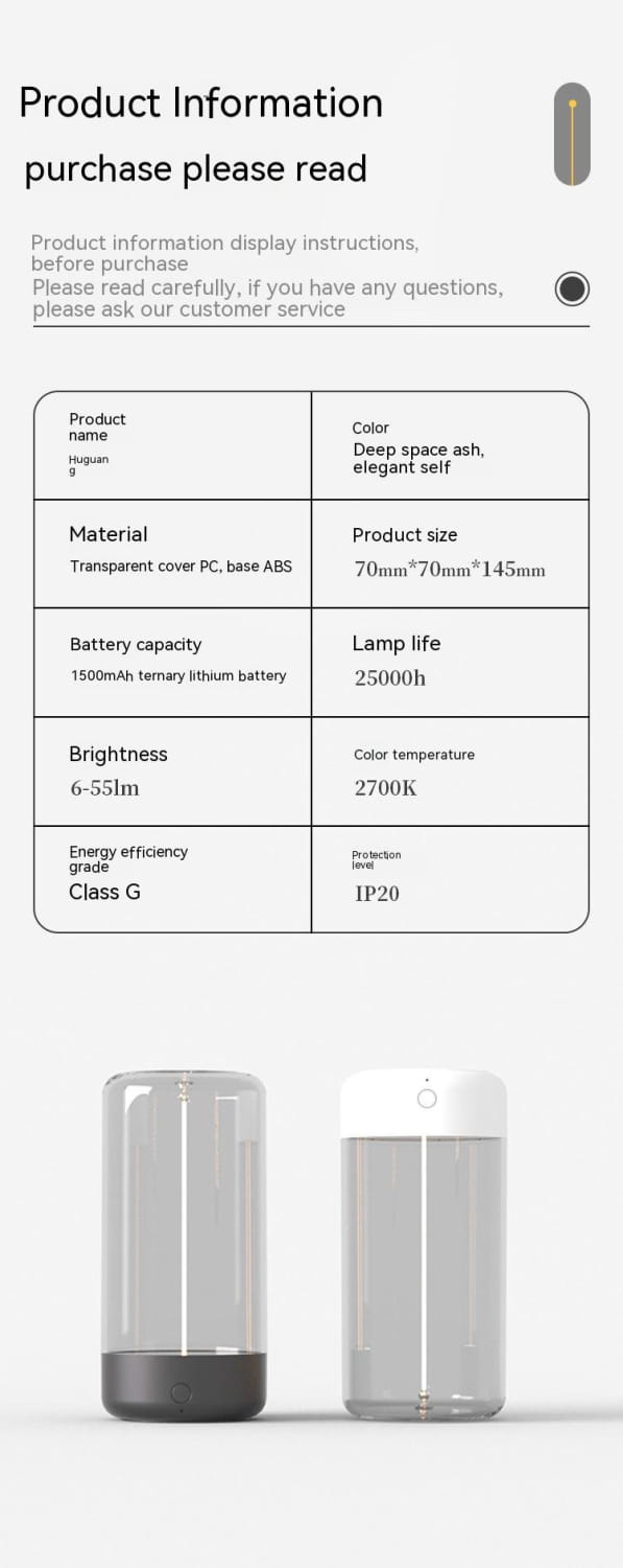 Transparent cylindrical led camping light with a rechargeable portable night light design featuring a clear PC and ABS base, available in deep space ash or elegant self color options.