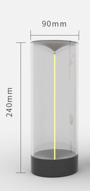 A sleek transparent cylindrical led camping light with a black base and top featuring a vertical yellow light strip inside designed as a rechargeable portable night light.