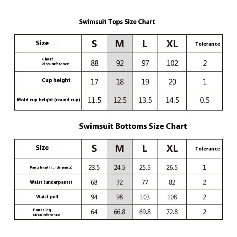 swimsuit size charts for tops and bottoms in inches across sizes s to xl for the black lace two piece bikini split swimsuit.