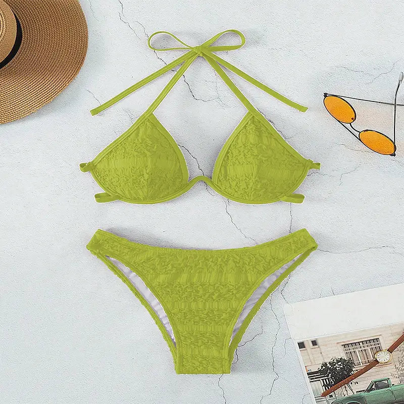 Lime green lace triangle bikini split swimsuit with tie-back straps and white lining in a two piece design.