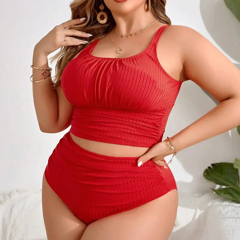 red ruched ribbed plus size beach bikini swimsuit with square neckline and high-waisted bottoms