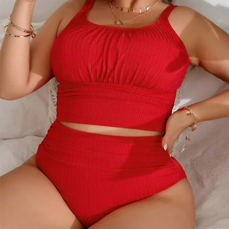 red ribbed plus size beach bikini swimsuit featuring a two-piece design with a square neckline and high-waisted bottoms