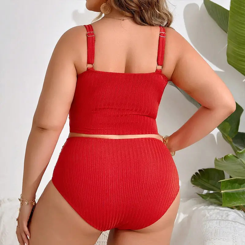 Red ribbed plus size beach bikini swimsuit featuring a two-piece design with thin straps and gold-toned hardware.