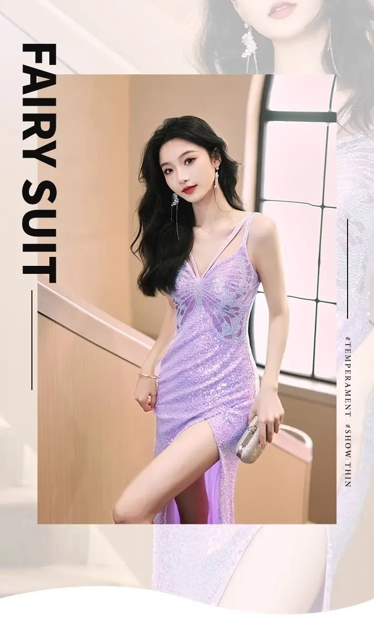 A shimmering lavender sequined evening dress mermaid gown with a plunging v-neckline and high slit, perfect formal wear for special occasions.