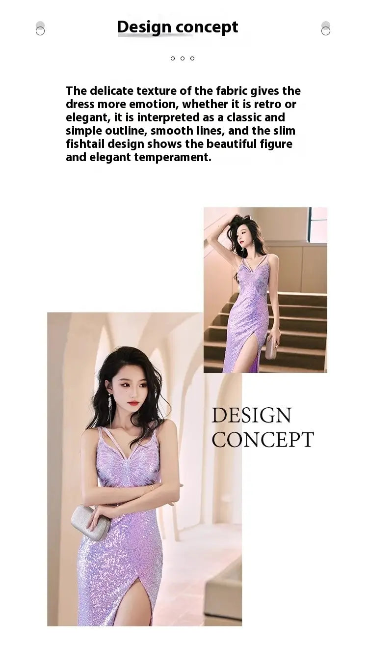 A shimmering lavender sequined evening dress mermaid gown with a sleek form-fitting silhouette and a high slit perfect for formal wear.