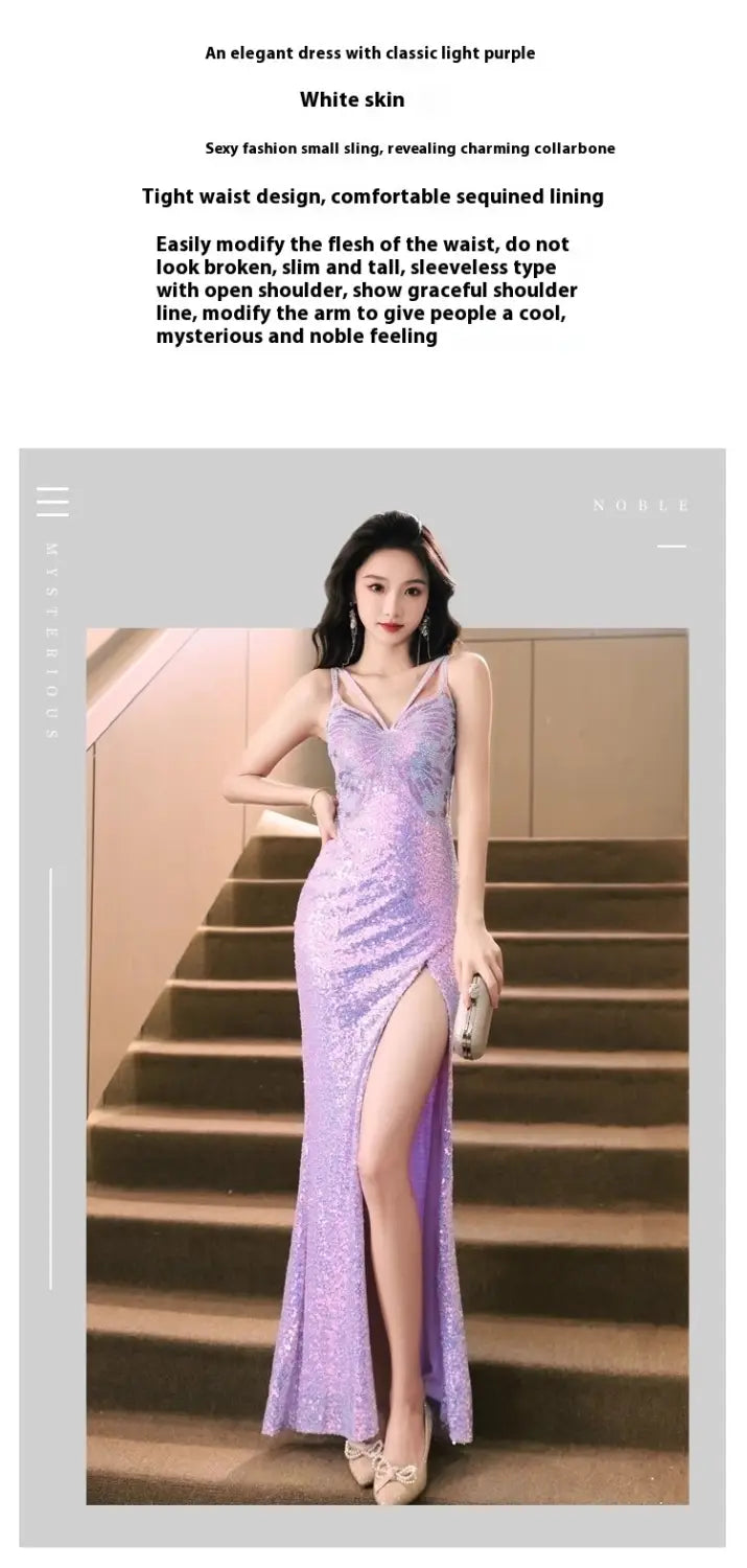 lavender sequined evening dress mermaid gown featuring a tight waist, open shoulder design, and high slit, ideal formal wear for elegant occasions