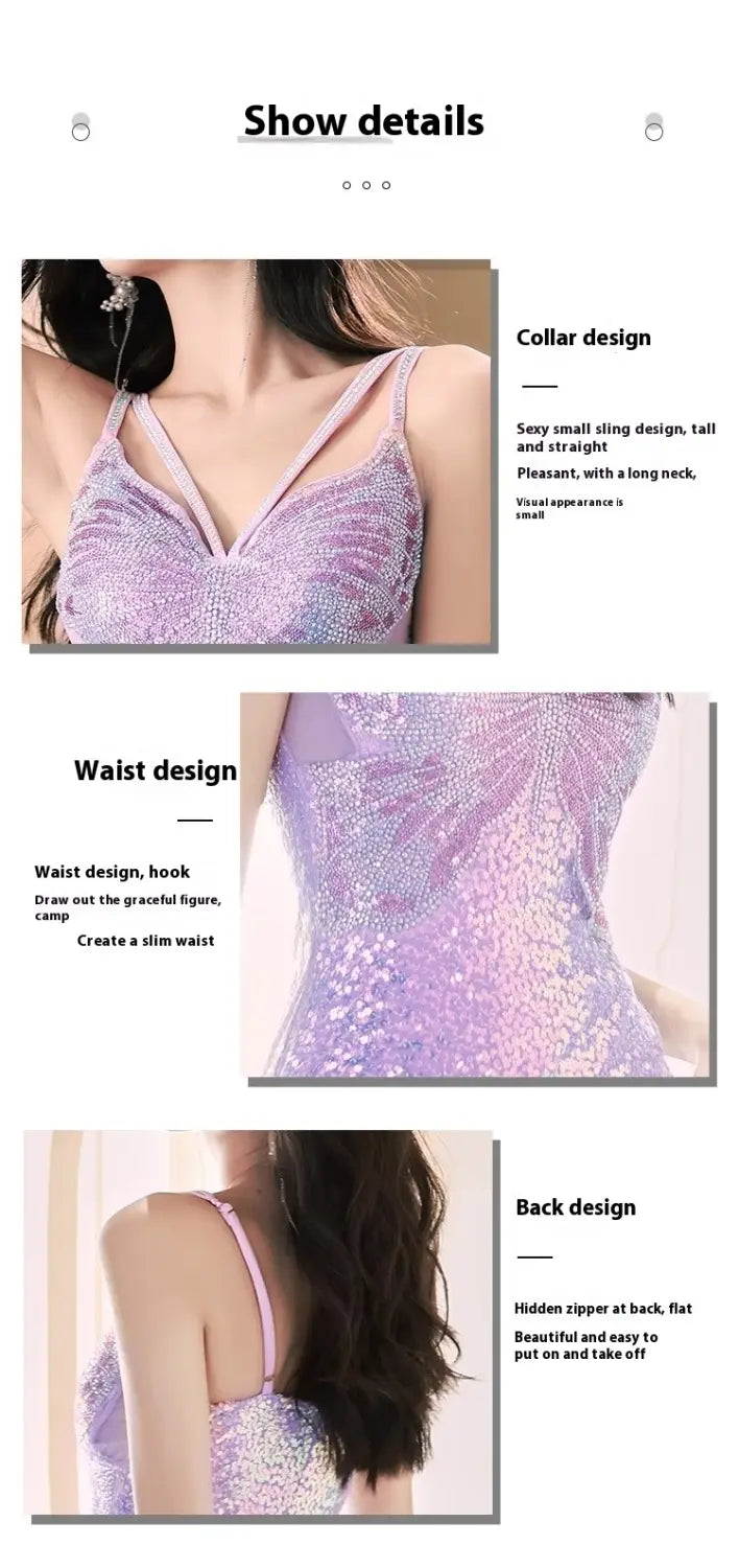A shimmering lavender sequined evening dress with a strapless mermaid gown silhouette, flattering v-neckline, and hidden back zipper, perfect formal wear for special occasions.
