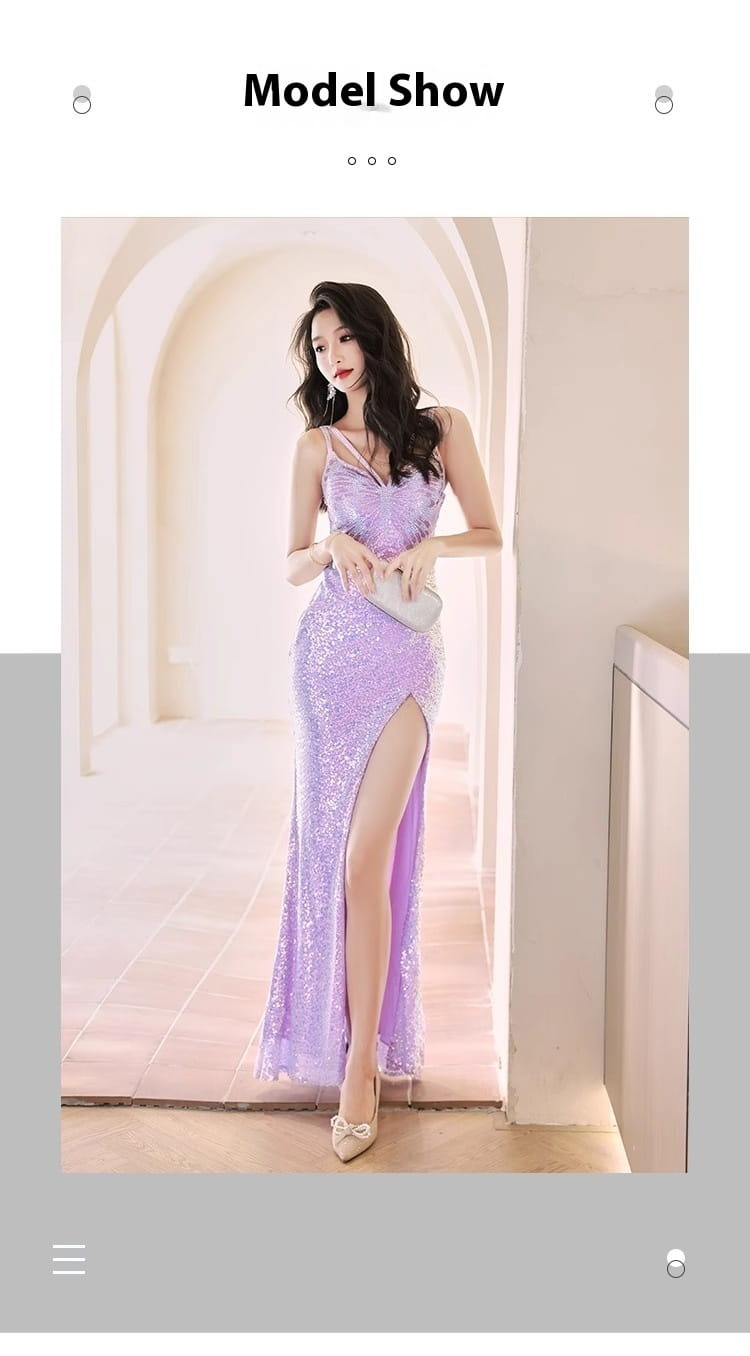 A lavender sequined evening dress mermaid gown with spaghetti straps and a high slit, perfect formal wear for special occasions.
