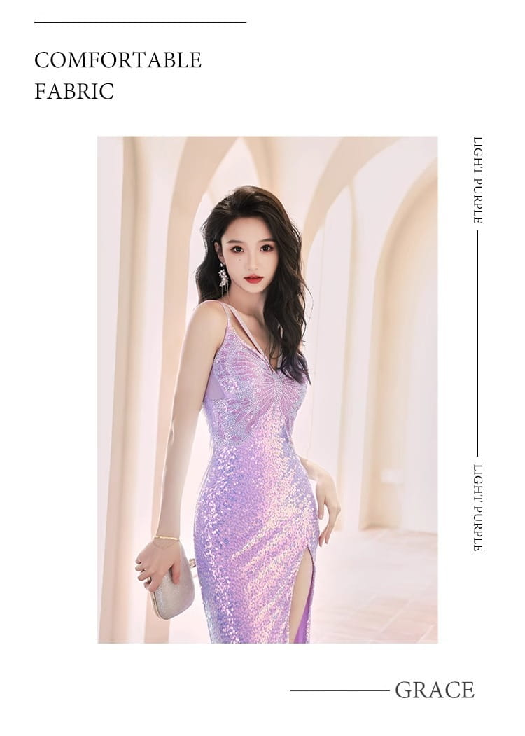 A light purple sequined evening dress mermaid gown with a v neckline and side slit suitable for formal wear.