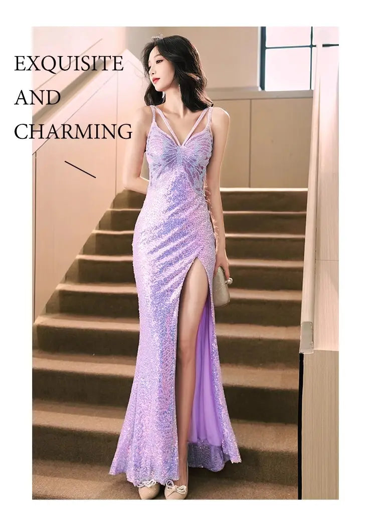 A shimmering lavender sequined evening dress mermaid gown with a plunging v-neckline and high slit perfect for formal wear.