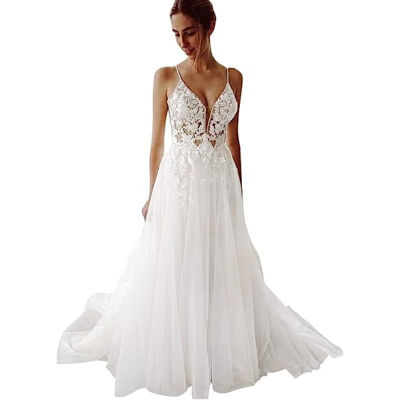 A white lace strap backless v neck wedding dress featuring a lace bodice and a flowing tulle skirt perfect as a wedding dress lace option.