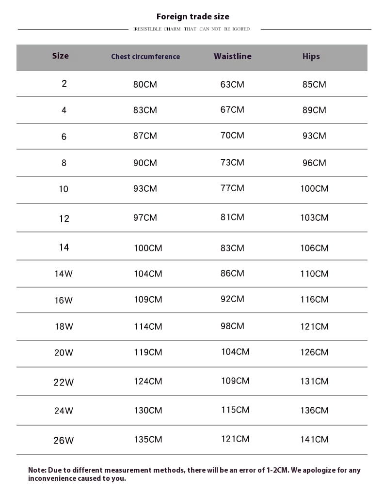 a chart detailing foreign trade sizes with chest waistline and hip measurements for a v-neck a series chiffon wedding dress with lace sleeves