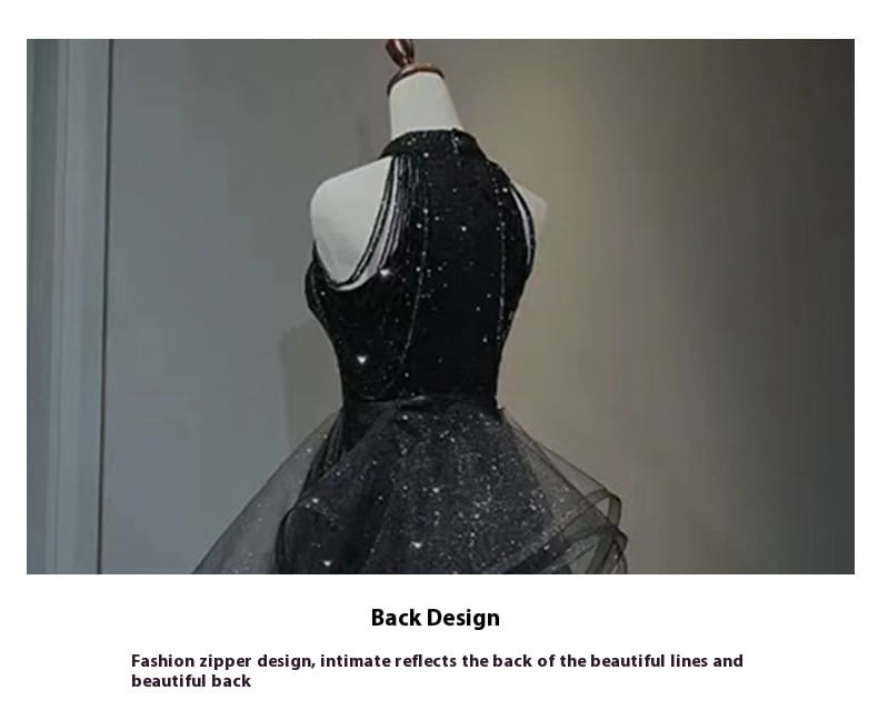 black evening dress featuring a sequined halter neck with a sheer tulle skirt and intricate beaded back detailing shown from the back side