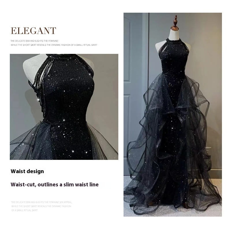Black evening dress featuring a sequined halter neck and layered sheer tulle skirt for elegant evening wear.