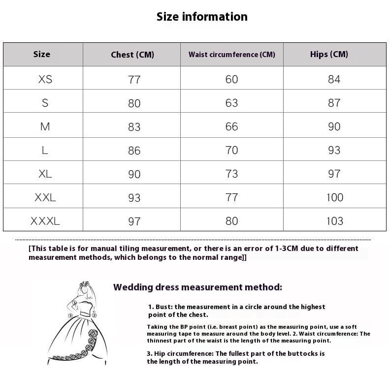 the size chart for gradient mesh slimming annual party banquet mermaid dress displays measurements in centimeters for sizes xs through xxxl.