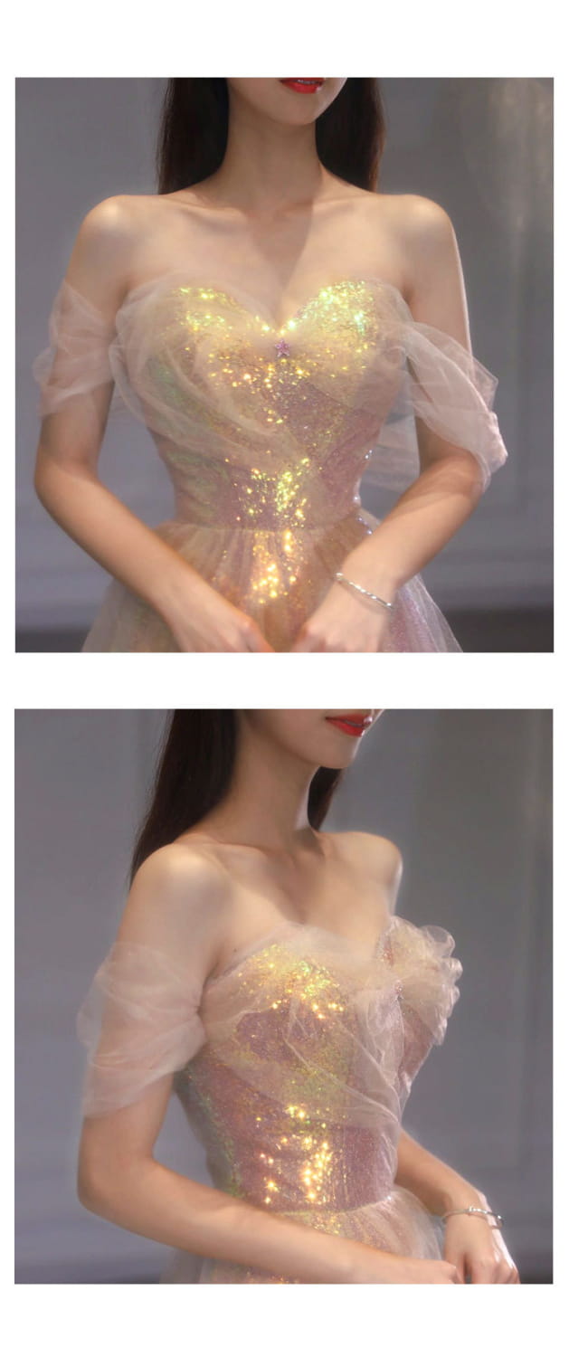 a shimmering gold sequined mesh slimming annual party banquet mermaid dress with a slim fit and sheer off-the-shoulder sleeves