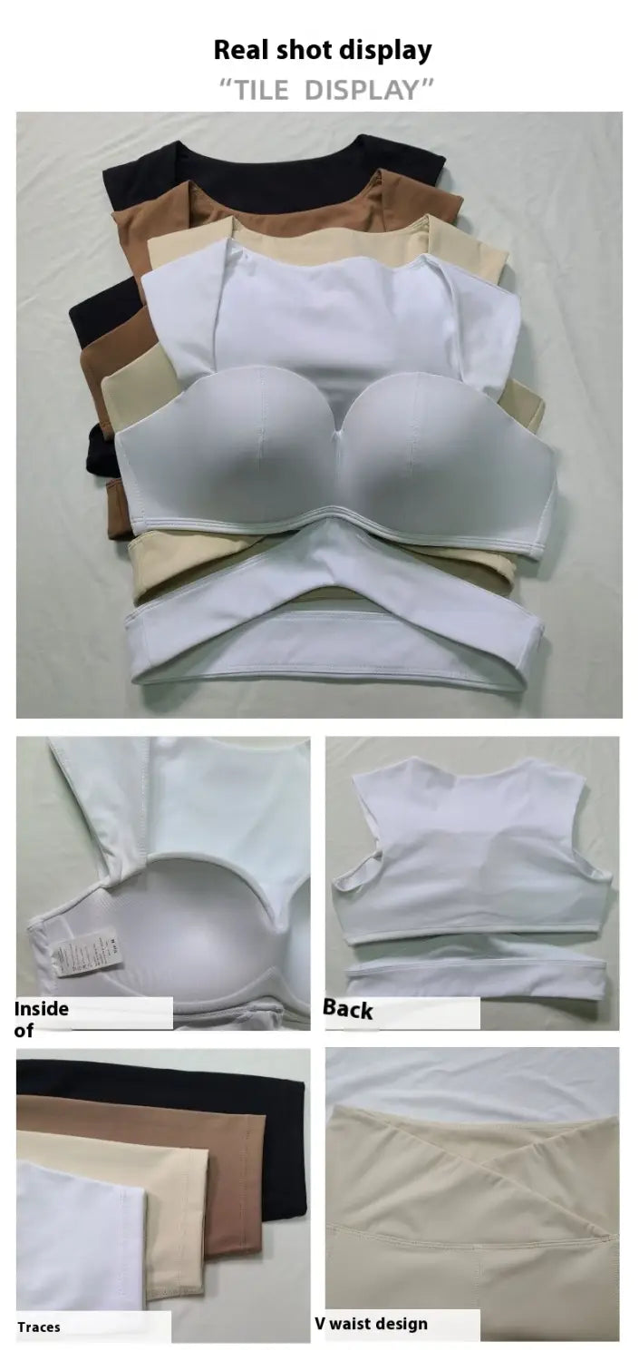 a white seamless push-up bra with a v-waist design and adjustable straps featured with beige yoga pants and a deep black color sport coat fitness set