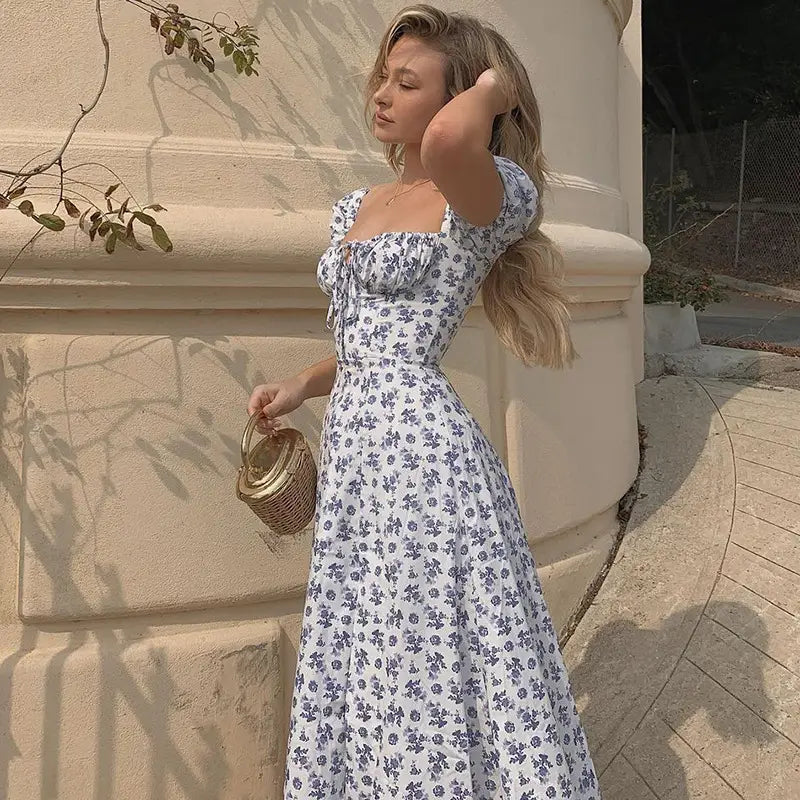 white floral print dress women with puff sleeves featuring a square neckline and puffed short sleeves perfect for summer floral print looks