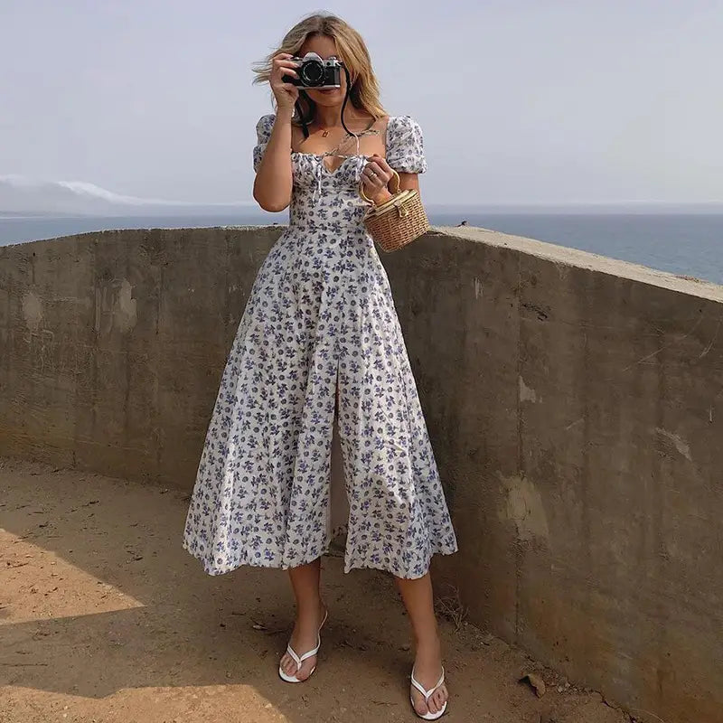 white floral print dress women with puff sleeves featuring a summer floral print midi design with puffed short sleeves and a square neckline