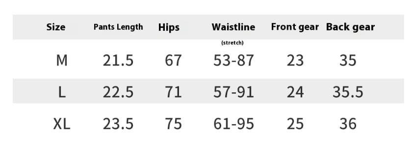 The table displays size measurements for brown high waisted hip lifting sports shorts including length, hip, waistline with stretch, and front back gear dimensions for sizes M, L, and XL ideal for hip lifting and stitching yoga pants.