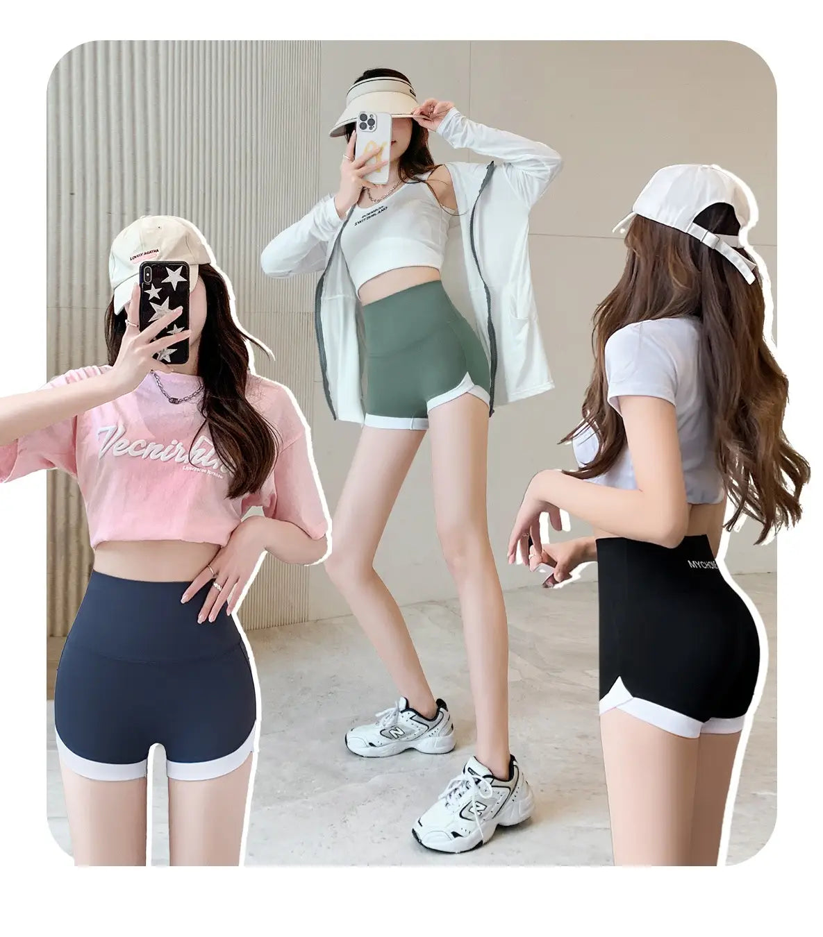 three women modeling hip lifting sports shorts in navy blue sage green and black with high waisted design and contrasting white trim showcasing stitching yoga pants features.
