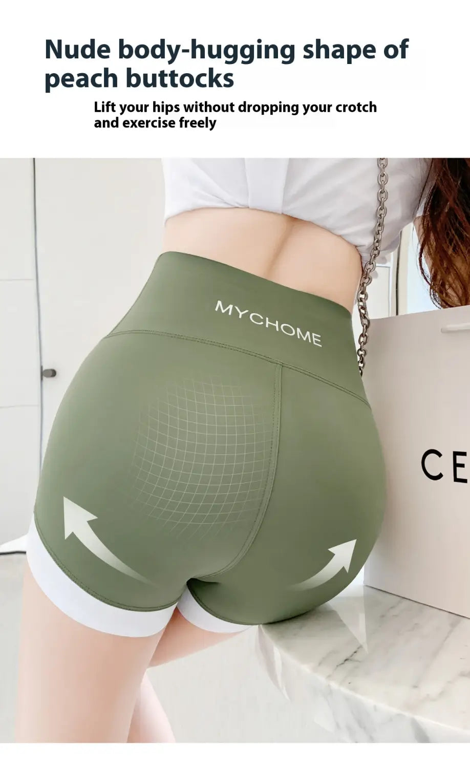 Olive green high waisted hip lifting sports shorts with white trim and subtle grid texture featuring mychome brand name on the waistband designed for stitching yoga pants and hip lifting activities.