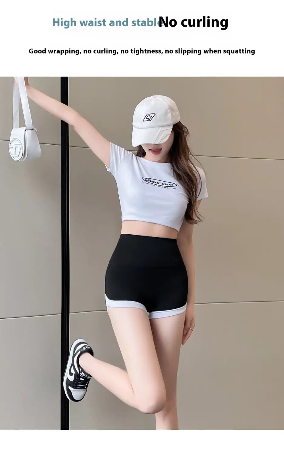 white crossbody bag with minimalist design and soft structured material shown alongside brown high waisted hip lifting sports shorts suitable for stitching yoga pants and hip lifting sports activities