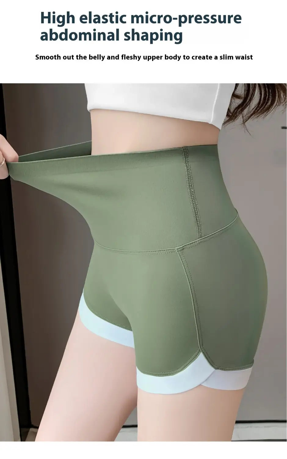 Brown high waisted hip lifting sports shorts in olive green with light blue trim featuring detailed stitching yoga pants design.