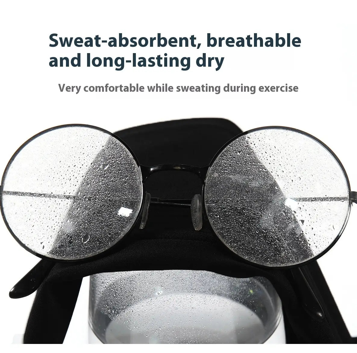 black round-framed glasses with sweat-dampened lenses designed for comfort during exercise paired with brown high waisted hip lifting sports shorts featuring stitching yoga pants for enhanced hip lifting sports performance