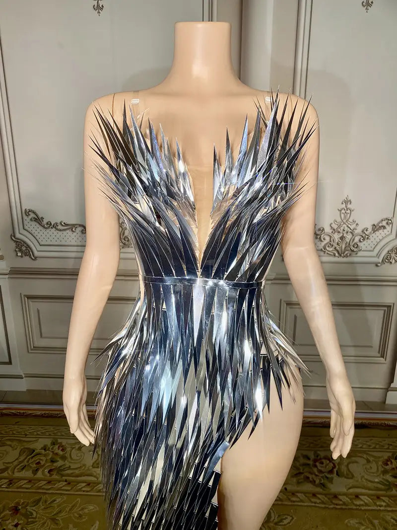 silver metallic sequined stage advanced light luxury evening dress featuring a shimmering feather-like texture with a plunging v-neckline and high slit.