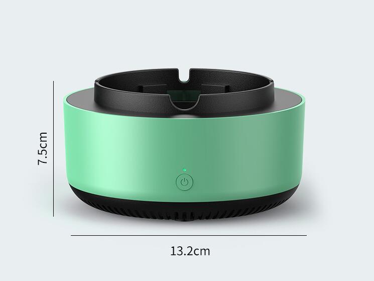 A sleek mint green and black cylindrical air purification ashtray with a modern minimalist design for effective smoke removal air.