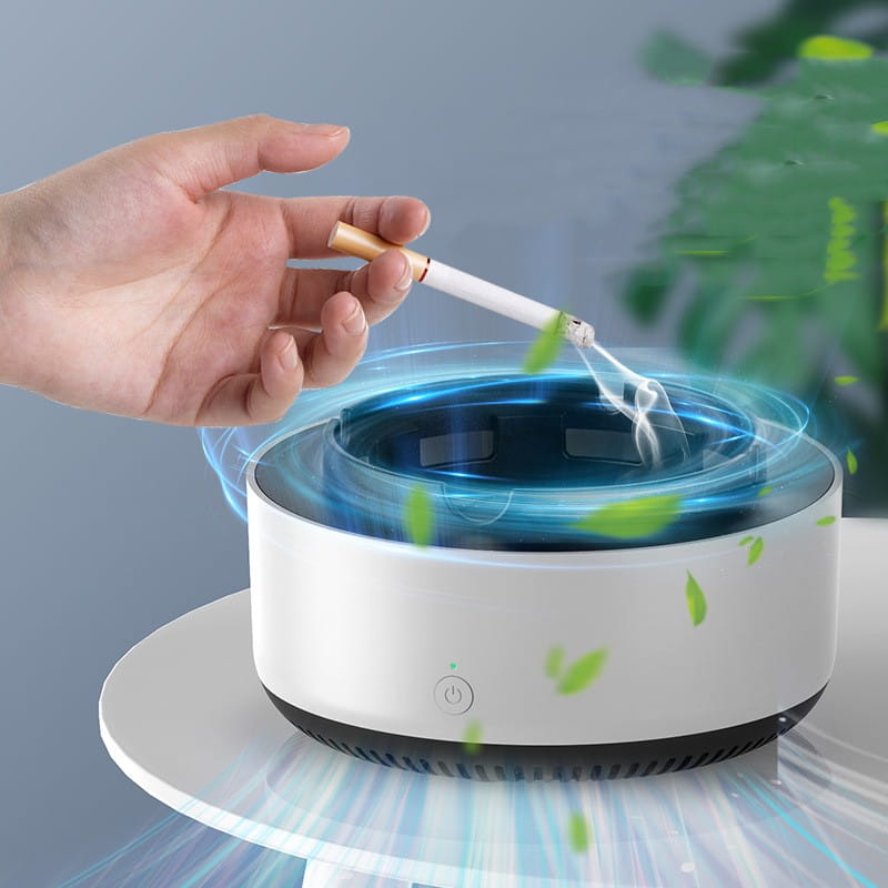White cylindrical electric ashtray with a blue glowing circular base and green leaf decals designed for mint green smoke removal air purification as an effective air purification ashtray.