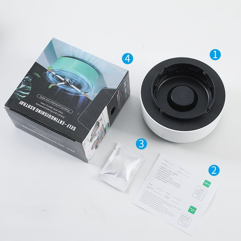 White and black self-extinguishing ashtray with a circular design and smooth glossy finish for smoke removal air purification.