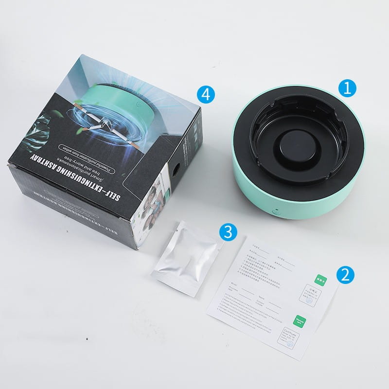 Mint green and black self-extinguishing circular ashtray designed for smoke removal air purification and efficient removal air purification use.