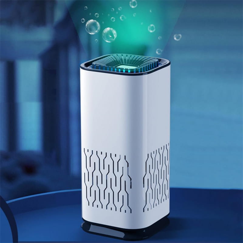 White cylindrical portable car air purifier with a black base and top rim featuring a glowing teal light emitting bubbles as a negative ion generator.