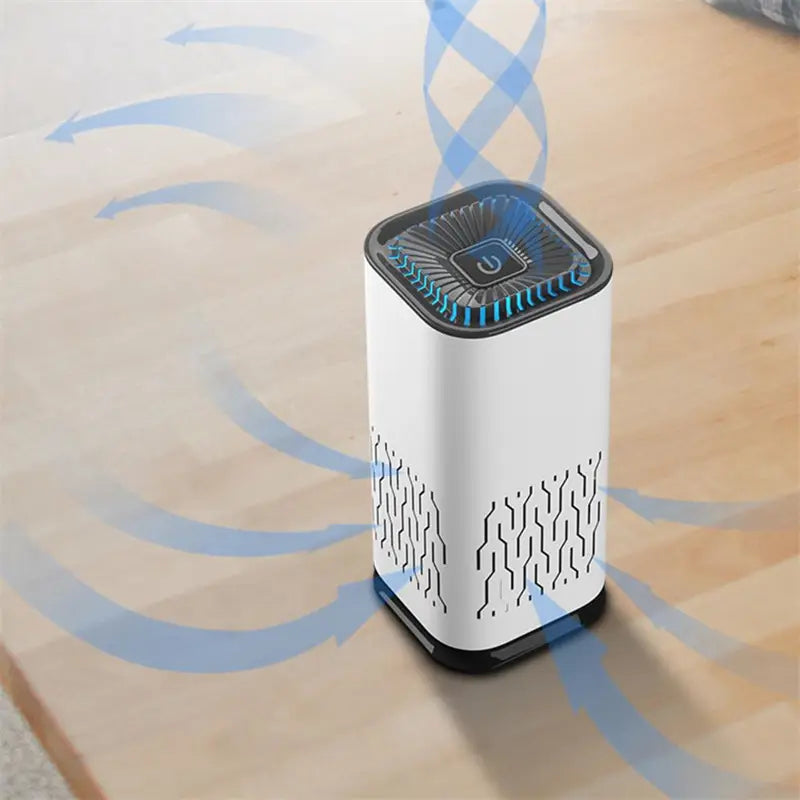White cylindrical car air purifier portable with black accents and blue led lighting around the top panel featuring a negative ion generator for improved air quality.