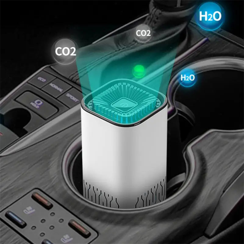 White cylindrical car air purifier portable with a teal-colored top and circuit-like patterns on its base featuring a negative ion generator.