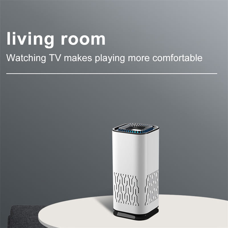 White cylindrical portable car air purifier with black accents and geometric vent patterns featuring negative ion technology for improved air quality.