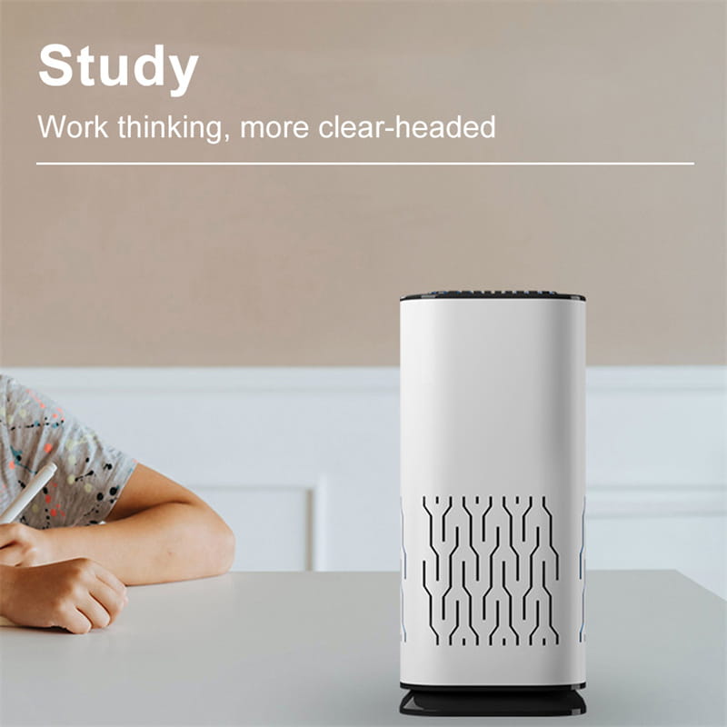 White cylindrical portable car air purifier with black base and top featuring a geometric pattern of interconnected lines and negative ion generator.