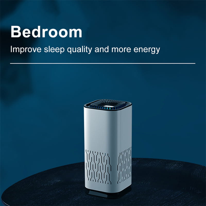 White cylindrical portable car air purifier with a black top and geometric patterned vents featuring a negative ion generator.
